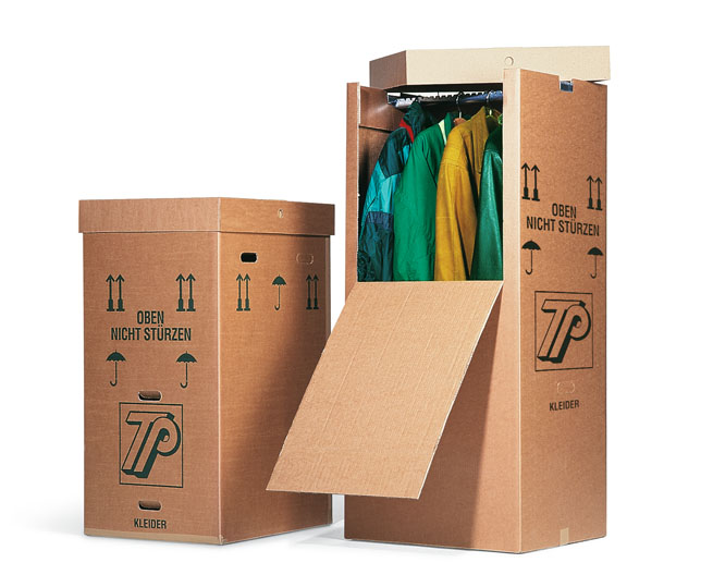 Kleiderbox aus Karton mit eingebauter Kleiderstange